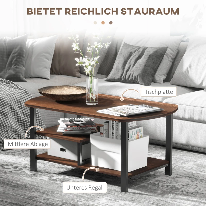 HOMCOM Couchtisch, Wohnzimmertisch Kaffeetisch mit Ablageflächen für Büro, Wohnzimmer, Schlafzimmer, industrieller Stil, E1 Spanplatte, Stahl, Braun, 100L x 60B x 46H cm
