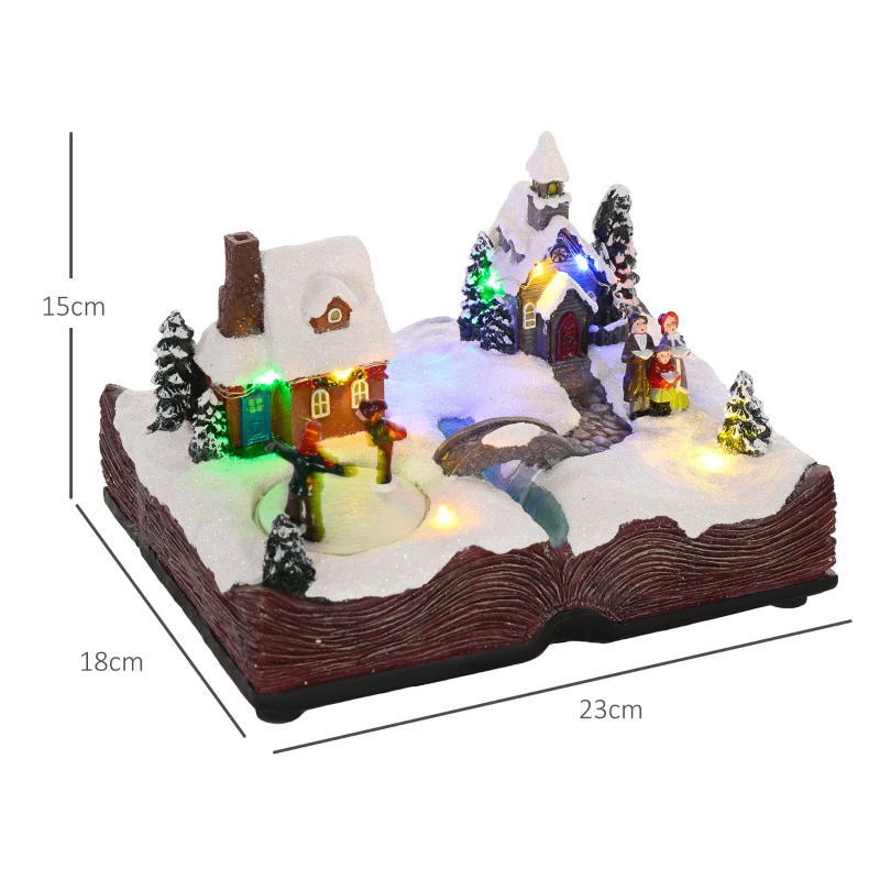 HOMCOM Pueblo Navideño Escena Navideña con Luces y Música Patinadores Giratorios Decoración de Navidad 23x18x15 cm Multicolor