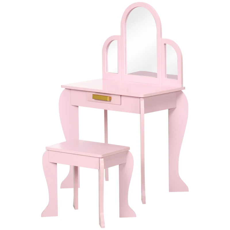 HOMCOM Kids Dressing Table Set, with Mirror and Drawer - Pink