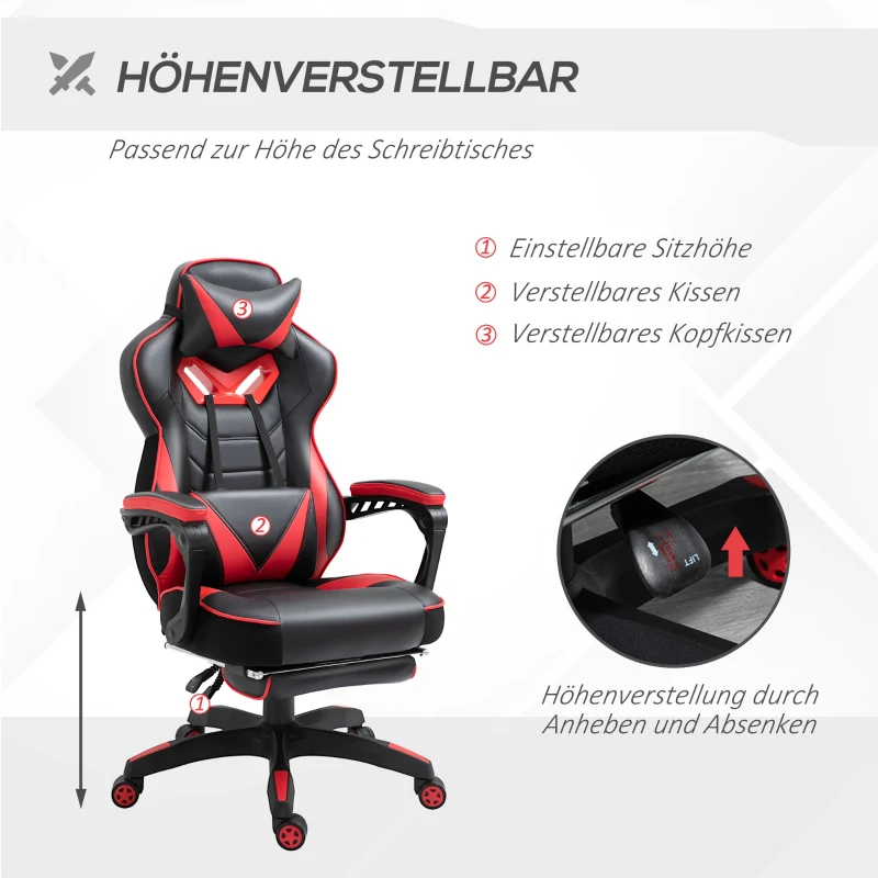 Vinsetto Ergonomischer Bürostuhl, Gaming Stuhl, Drehstuhl mit einziehbare Fußstütze und verstellbarer Rücken Schaumstoff+PU-Leder+Metall, Schwarz+Rot, 65 x 70 x 118,5-128,5 cm