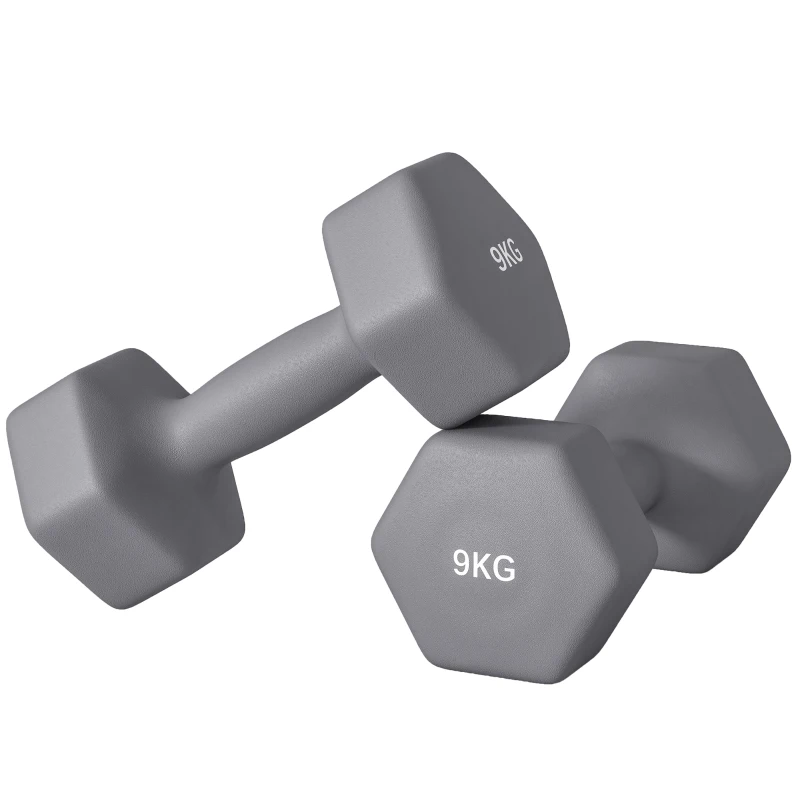 SPORTNOW Set 2 Manubri Esagonali da 9 kg in Metallo e Plastica con Impugnatura Antiscivolo, 25x11x11cm, Grigio