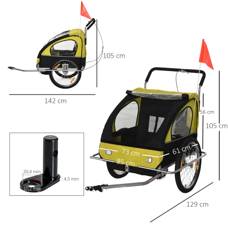HOMCOM Kinderfahrradanhänger 2 Kinder inkl. Reflektoren u. Fahne Gelb + Schwarz