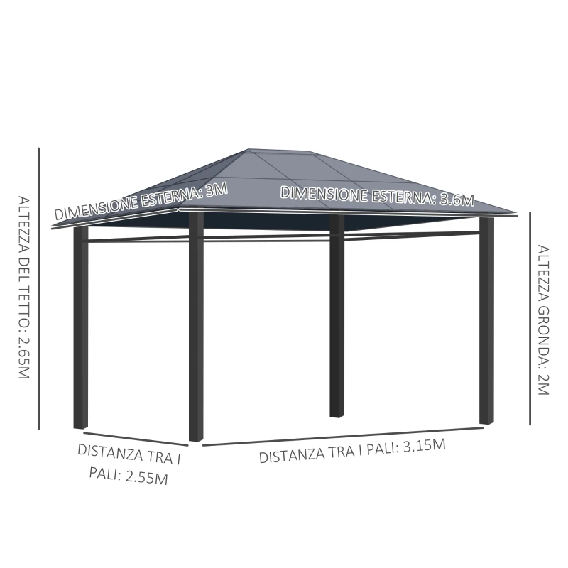 Outsunny Gazebo da Giardino 3.6x3m con Tetto in Policarbonato Anti UV e Tende, Grigio