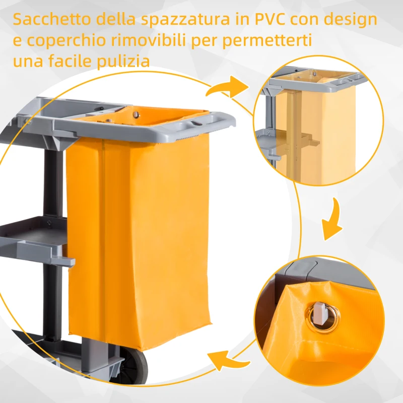 HOMCOM Carrello Pulizie Professionale con 3 Ripiani, Ganci Portascopa, 4 Ruote e Sacco 100L, Arancione 121 x 50.5 x 96.5cm
