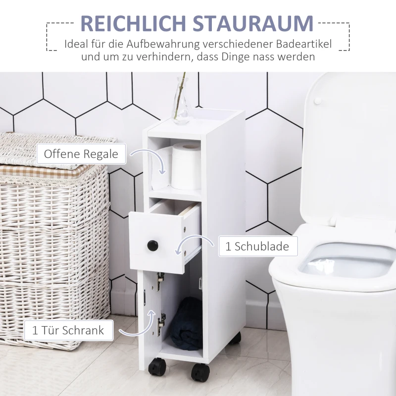 kleankin Badschrank Badezimmerschrank Badregal Kommode Standschrank zwei Schubfächer offenes Fach vier Räder Spanplatte Weiß 18x30x68,5 cm
