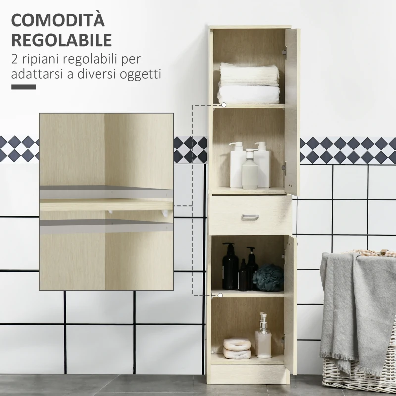 HOMCOM Mobile Bagno in Legno con Cassetto, 2 Armadietti e Ripiani Regolabili, 34x34x150 cm, Color Legno