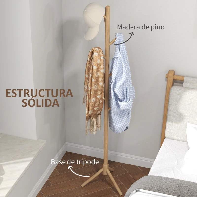 HOMCOM Perchero de Pie de Madera Forma de Árbol con 8 Ganchos para Colgar Ropa Bolsos en Pasillo Entrada 40x40x165 cm Natural