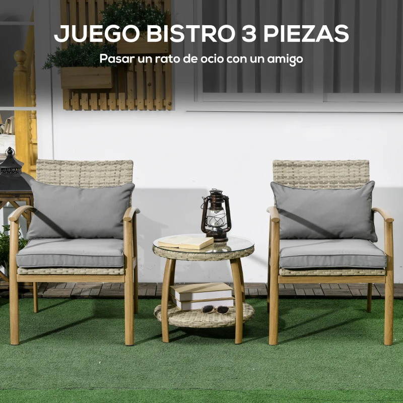 Outsunny Juego de 3 Piezas Sillas y Mesa de Ratán con Marco de Aluminio Incluye 2 Sillas 1 Mesa y Cojines Natural y Marrón