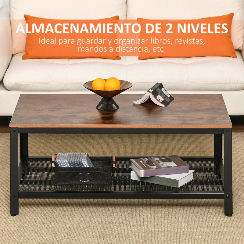 HOMCOM Mesa de Centro Mesa Baja Industrial con Estante de Rejilla y Patas de Metal para Salón 106x60x45 cm Marrón y Negro