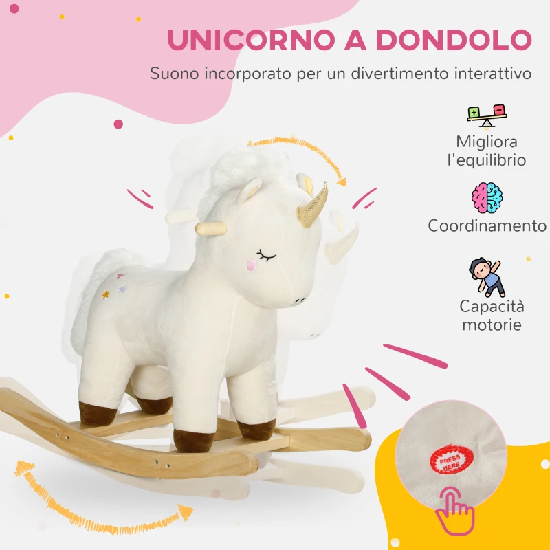 AIYAPLAY Cavallo a Dondolo per Bambini 2-4 Anni a Unicorno con Suoni e Rivestimento Morbido, Bianco