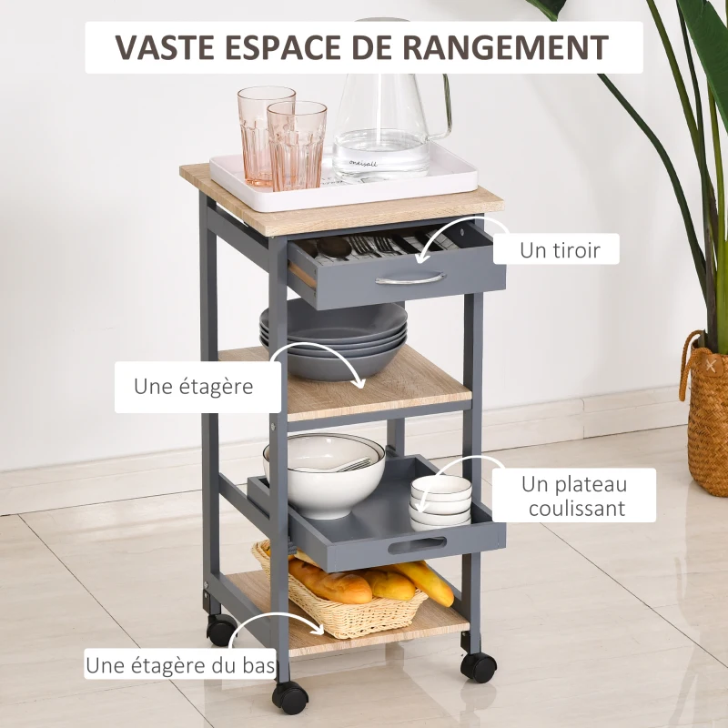 HOMCOM Chariot de service desserte de cuisine à roulettes 2 étagères + plateau amovible + tiroir bois de pin MDF gris chêne clair