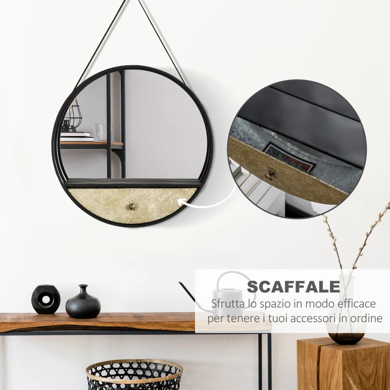 HOMCOM Specchio da Parete Rotondo da Ø61cm con Cassetto e Cornice in Metallo Nero