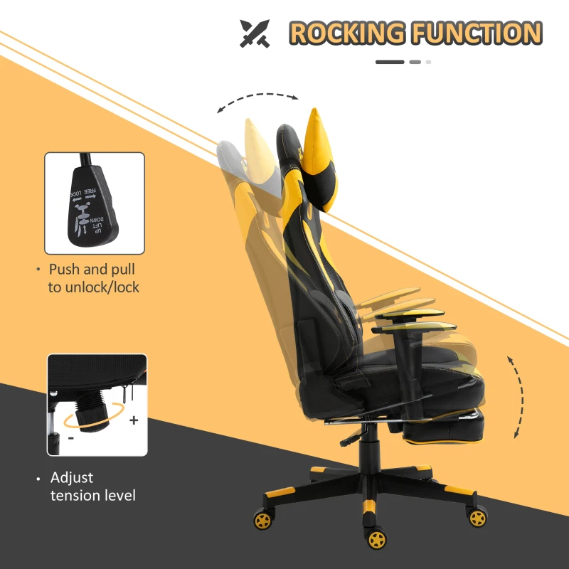 Vinsetto High-Back Gaming Chair Swivel Home Office Computer Racing Gamer Desk Chair Faux Leather with Footrest, Wheels, Black Yellow