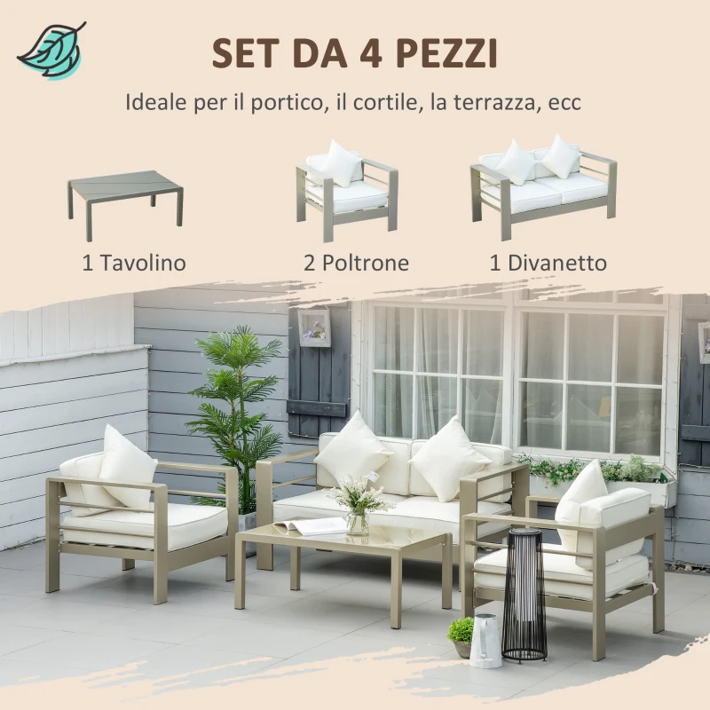 Outsunny Set giardino 4 pezzi con Divanetto 2 Poltrone e Tavolino con Cuscini Sfoderabili Oro