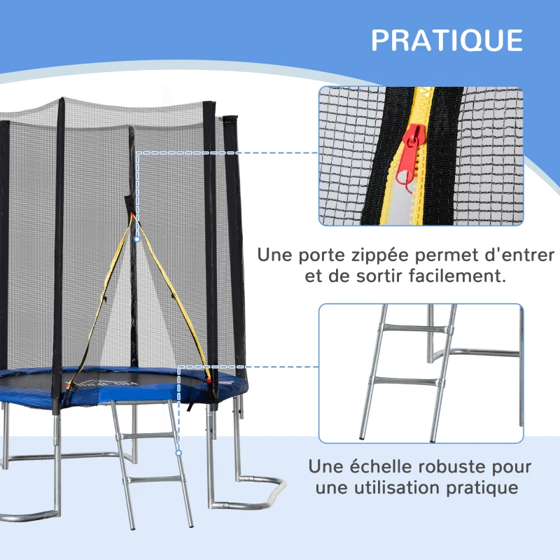 HOMCOM Trampoline pour enfant Ø 223 cm avec filet de sécurité, échelle et porte zippée - usage extérieur intérieur - bleu