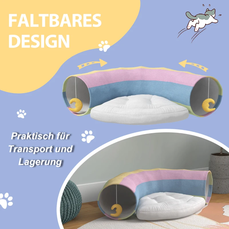 PawHut Katzentunnel Katzenspielzeug,  2 Spielzeuge, 1 Liegepolster, verspieltes Design, 105 cm x 65 cm x 28 cm, Mehrfarbig
