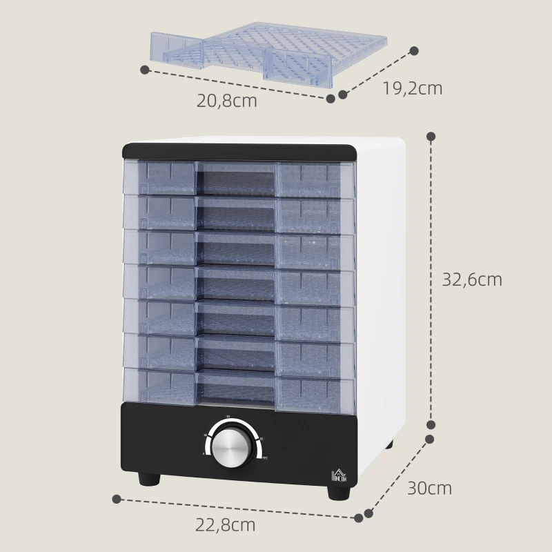 HOMCOM Deshidratador de Alimentos 350W con 7 Bandejas Temperatura Ajustable 40-70 ℃ para Frutas Golosinas para Mascotas Blanco