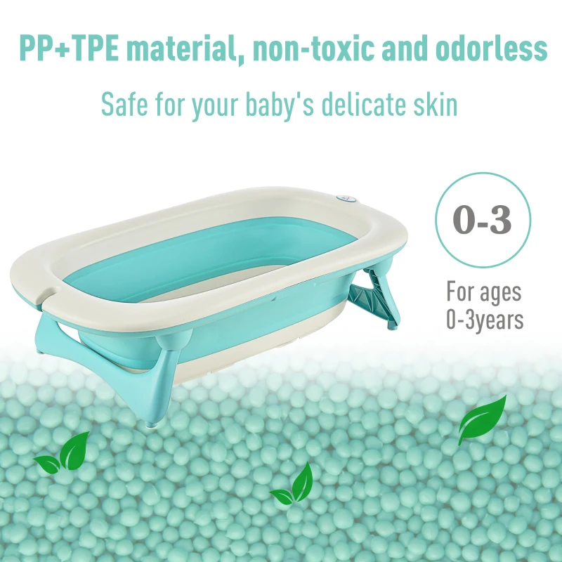 HOMCOM 3 in 1 Collapsible Baby Bath Tub Set Folding Kids Tub Wash Basin Shampoo Cup Non-Slip Support Leg for 0-3 Years, Green