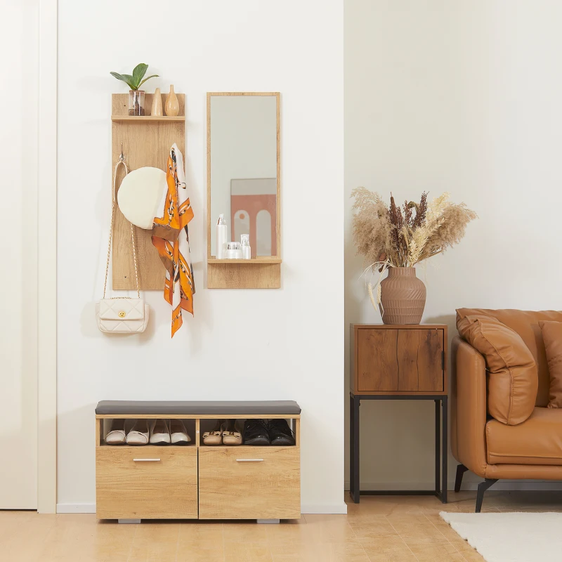 HOMCOM Ensemble de meuble d'entrée vestiaire d'entrée, 1 miroir avec étagère, 1 porte-manteau avec étagère, 1 banc à chaussures