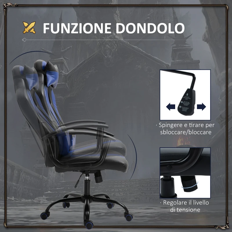 Vinsetto Sedia da Gaming Ergonomica con Cuscino Poggiatesta, Sedia da Ufficio con Lombare Altezza Regolabile e Funzione Dondolo, Nero e Blu, 73 x 64 x 112-122 cm