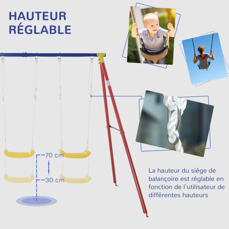 Outsunny Balançoire 3 agrès portique avec 2 balançoires et Face à Face dim. 2,9L x 1,8l x 1,96H m métal époxy anticorrosion PE Rouge Bleu Jaune