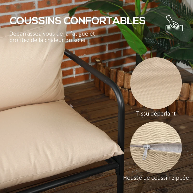 Outsunny Salon de jardin 4 pièces avec canapé 2 places, 2 fauteuils et table basse - plateau en verre trempé 3 coussins