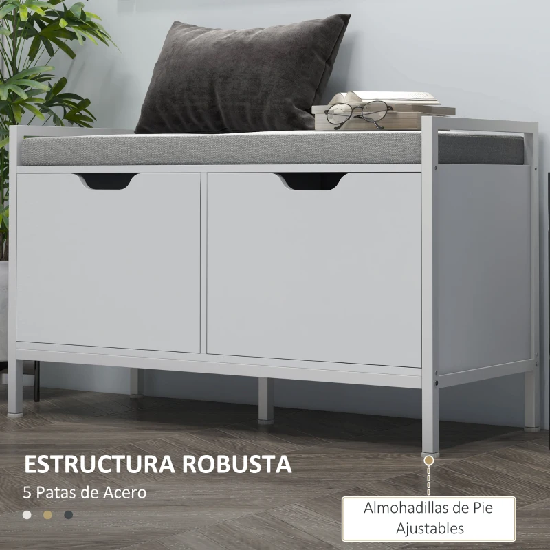 HOMCOM Banco Zapatero para Entrada Recibidor con Asiento Cojín Extraíble para 4 Pares de Zapatos 84x35x50 cm Blanco