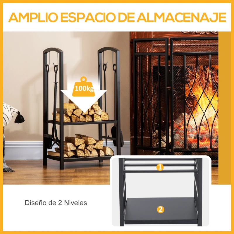 Outsunny Estante de Leña para chimenea 40x30x74,5 cm Soporte para Leña de 2 Niveles Leñero Exterior e Interior Metálico con 4 Herramientas para Chimenea Carga Máx.100 kg Negro