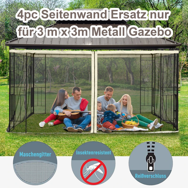 Outsunny Moskitonetz für 3x3 Pavillon 4 Seitenteile Fliegennetz mit Haken Reißverschluss Mückennetz Insektenschutz Fliegengitter Nylon-Mesh Schwarz