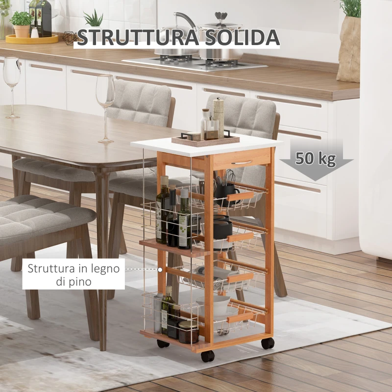 HOMCOM Carrello da Cucina con 1 Cassetto, 4 Cestelli Metallici e 2 Ripiani Portaspezie in Legno 47 x 37 x 83 cm Marrone