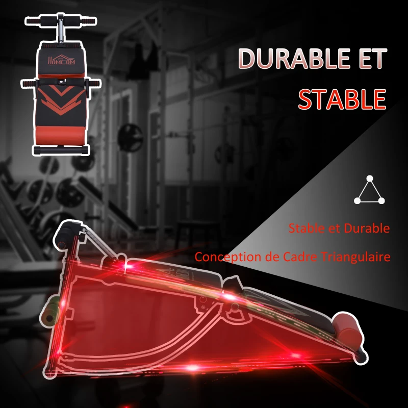 HOMCOM Banc de musculation pliable appareil à abdo hauteur réglable 135L x 48l x 61-68H cm 2 bandes de résistances + ressort central traction acier noir rouge