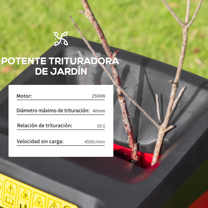 Outsunny Trituradora de Jardín 2500W con 2 Cuchillas de Volteo hasta Ø40 mm de Ramas Bolsa de Recolección de 50L y Ruedas para Malas Hierbas 52x39x89 cm Negro y Rojo