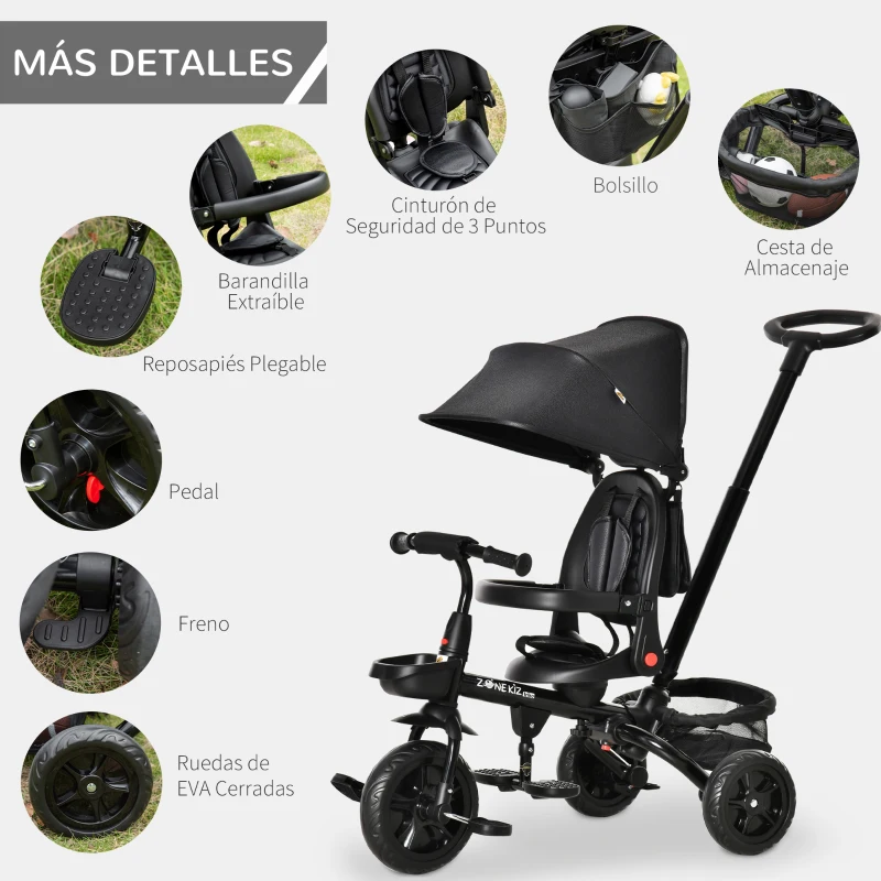 HOMCOM Triciclo Bebé 4 en 1 Bicicleta para Niños 1-5 Años con Asiento Giratorio Capota Ajustable Mango de Empuje Telescópico y Reposapiés Plegable Carga 25 kg 111,5x52x98 cm Negro