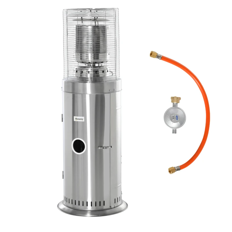 Outsunny Heizstrahler Terrassenheizer mit Handgriff und Rädern Terrassenstrahler mit Drehknopf rollbar Gas 10KW elegantes Aussehen rostfreier Stahl Silber Ø55,6 x 143 cm