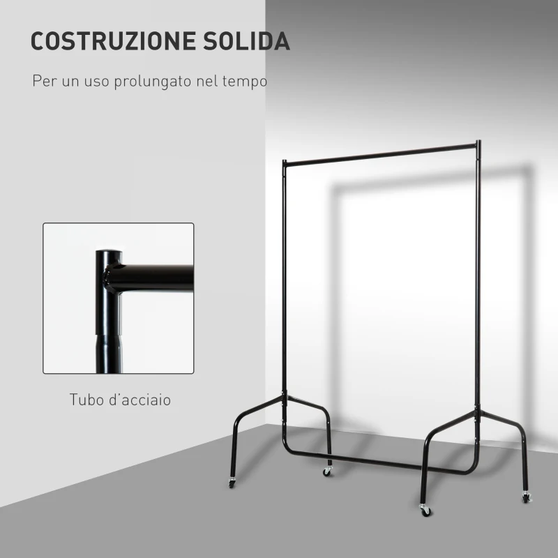 HOMCOM Rella Appendiabiti Attaccapanni in Metallo, Stand per Vestiti con Rotelle, Nero, 150x60x170cm