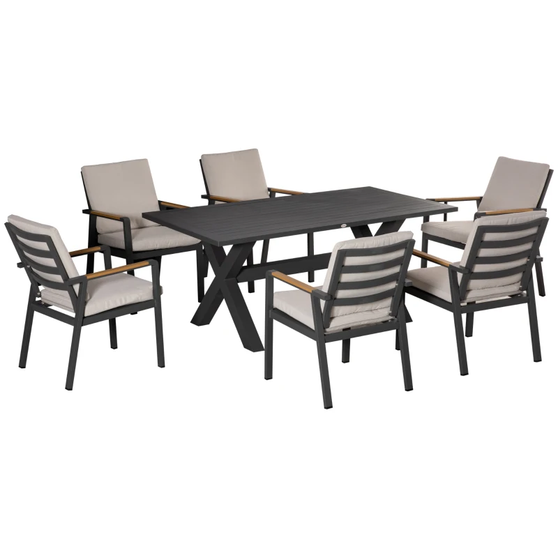 Outsunny Gartenmöbel-Set für 6 Personen, 6 Stühle, 1 Tisch, wetterbeständig, 175 cm x 92 cm x 73 cm, Schwarz + Grau