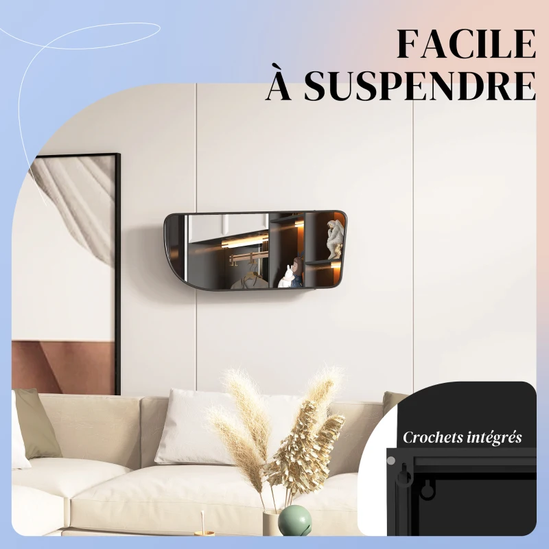 HOMCOM Miroir mural forme organique avec 3 étagères de rangement pour salle de bain, cadre en métal noir, dim. 40 x 86 cm