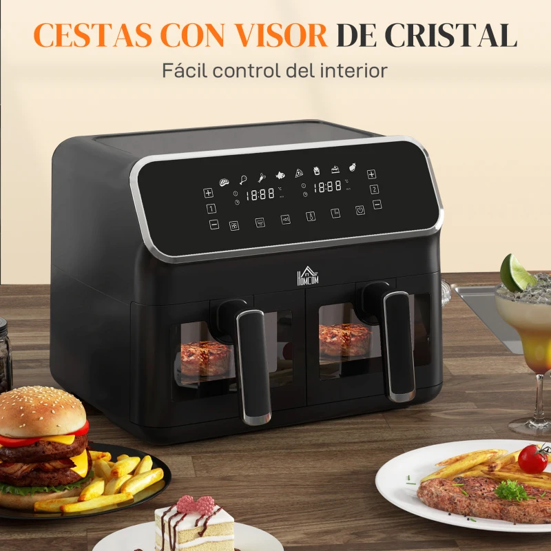 HOMCOM Freidora de Aire de 8L Freidora sin Aceite 2700W con 2 Cestas 8 Programas y Pantalla Digital Táctil 39x38,5x31cm Negro