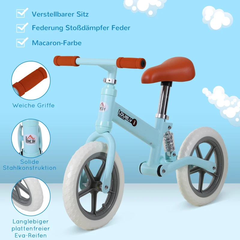 HOMCOM Kinder Laufrad, Lauflernrad mit Stoßdämpfer, Balance Bike, Kinderrad, 2-5 Jahre, Sitzhöhenverstellbar, PP, Blau, 85 x 36 x 54 cm