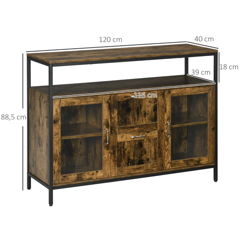 HOMCOM Aparador de Cocina Bueffet para Salón con 2 Puertas de Cristal 2 Cajones y Estantes Abiertos Armario Auxiliar de Estilo Industrial para Salón Comedor 120x40x88,5 cm Marrón Rústico