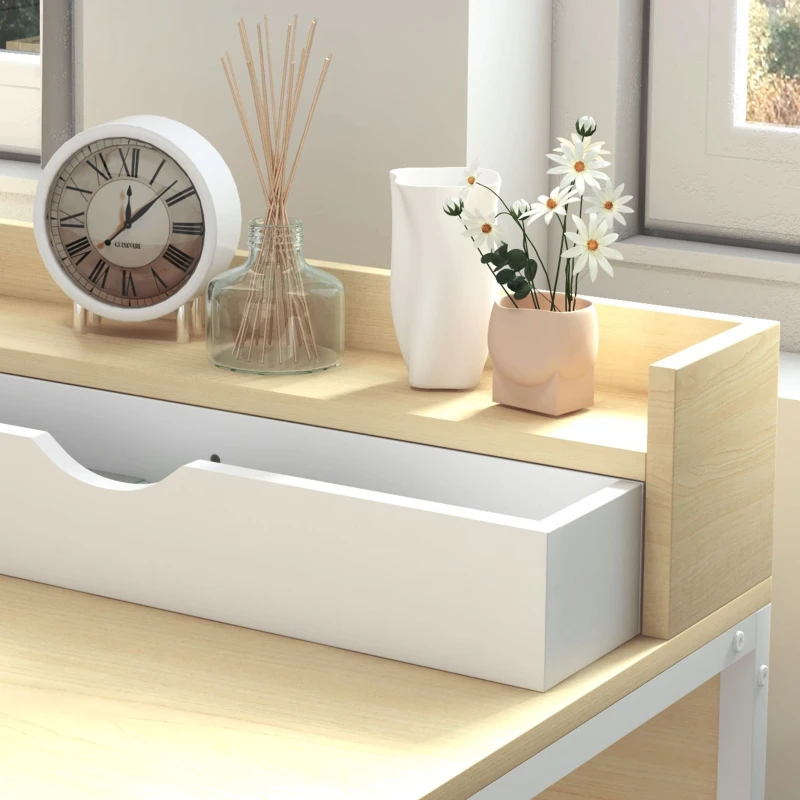 HOMCOM Bureau avec étagère de rangement et 2 tiroirs style moderne effet bois naturel et métal blanc - 106L x 50D x 89H cm