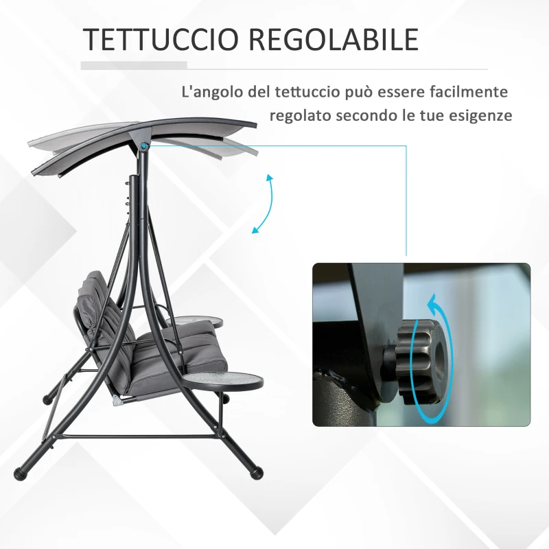 Outsunny Dondolo da Giardino a 3 Posti , Dondolo da Esterno con Tettuccio Regolabile e 2 Tavolini, Grigio 271x125x177cm