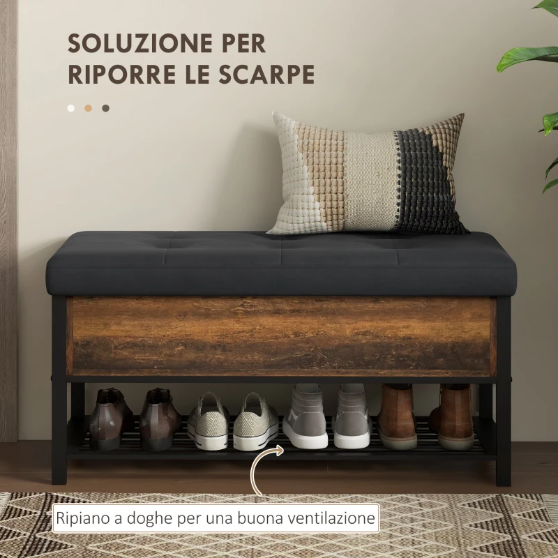 HOMCOM Panca Scarpiera da Ingresso Industriale con Ripiano Nascosto, in Truciolato e Acciaio, 100x40x50 cm, Marrone e Nero