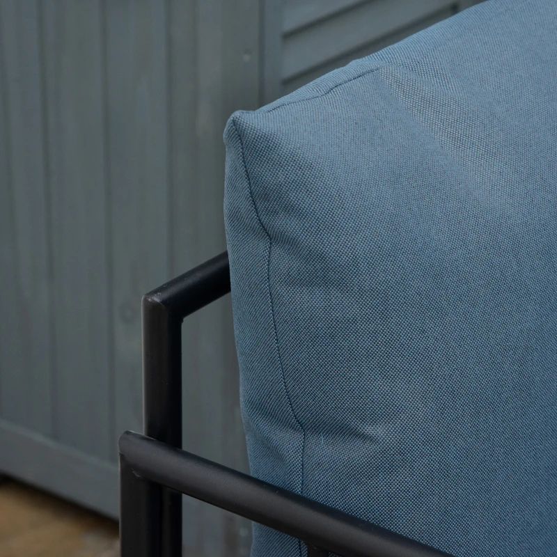 Outsunny Ensemble salon de jardin 4 pièces canapé 2 places + 2 fauteuils + table basse plateau verre trempé grand confort 4 coussins rembourrage épais déhoussables métal bleu foncé et noir