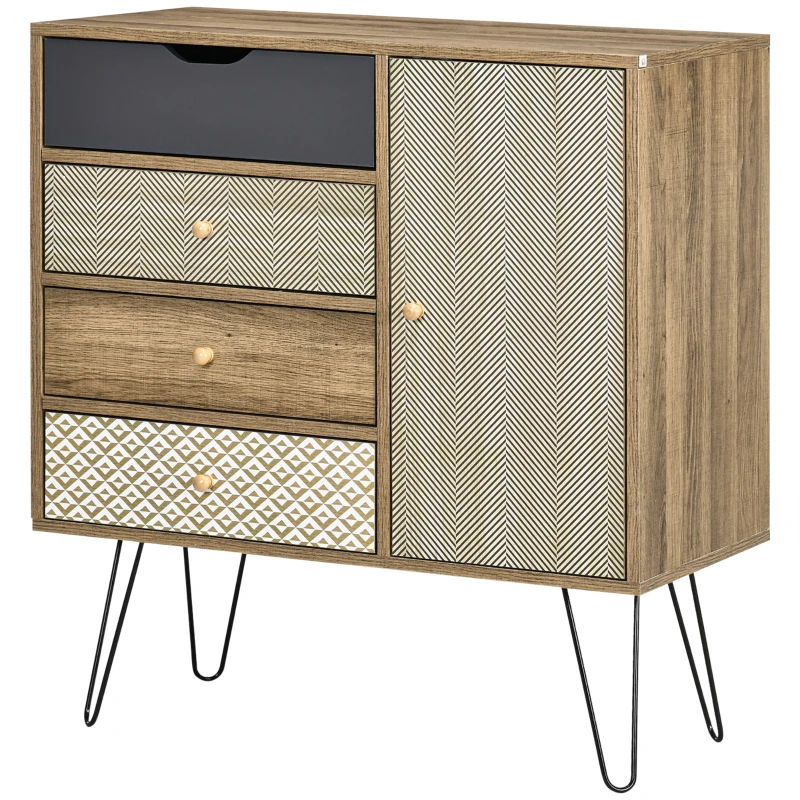 HOMCOM Cómoda con 4 Cajones Estilo Boho Cajonera de Madera con Patas de Metal para Salón Dormitorio 79x39x86 cm Marrón(m-10)