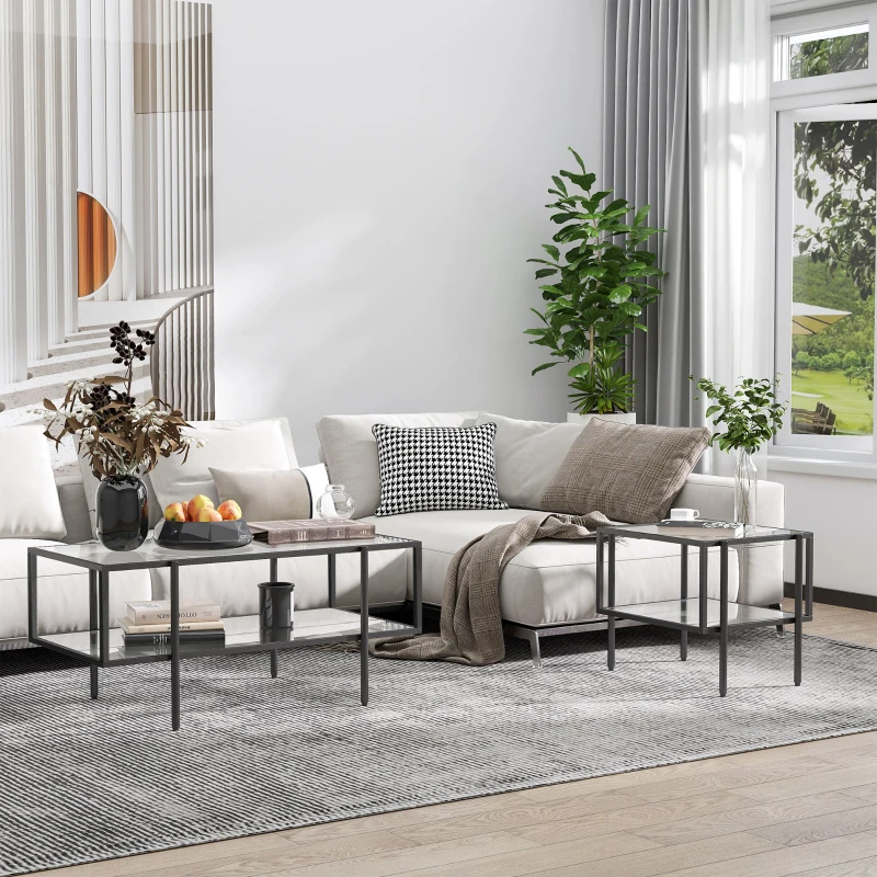 HOMCOM Tavolino da Salotto a 2 Livelli in Acciaio e Vetro Temperato per Casa e Ufficio, 100x55x45.5 cm