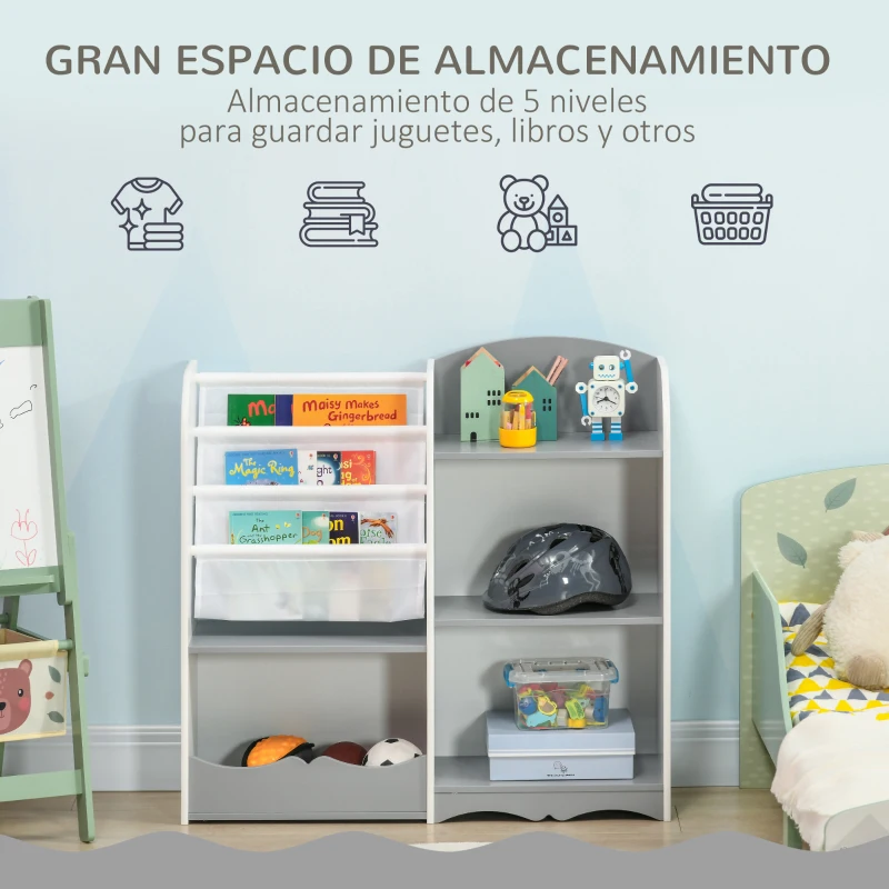 ZONEKIZ Estantería para Niños Organizador de Juguetes Estantería Infantil con Estantes Abiertos para Dormitorio 85x26x84 cm Gris