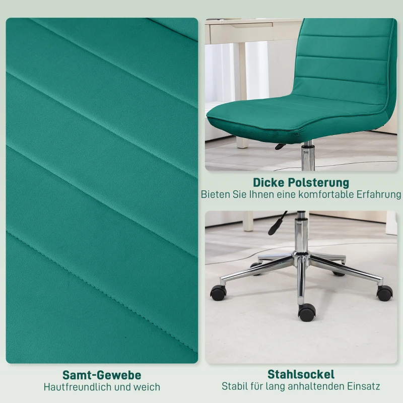 HOMCOM Bürostuhl Office-Stuhl Schreibtischstuhl, höhenverstellbar, Samtoptik, 51 cm x 64 cm x 78-88 cm, Grün