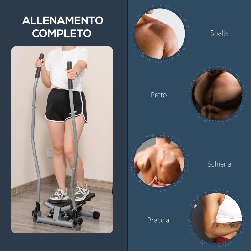 HOMCOM Stepper Fitness con Maniglia e Bande Elastiche, Stepper con Monitor LCD per Allenamento a Casa e Palestra, Argento