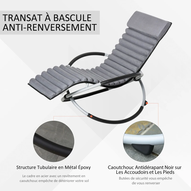 Outsunny Chaise Longue à Bascule Pliable Rocking Chair Design Contemporain avec Matelas revêtement Aspect Daim métal textilène Gris Noir